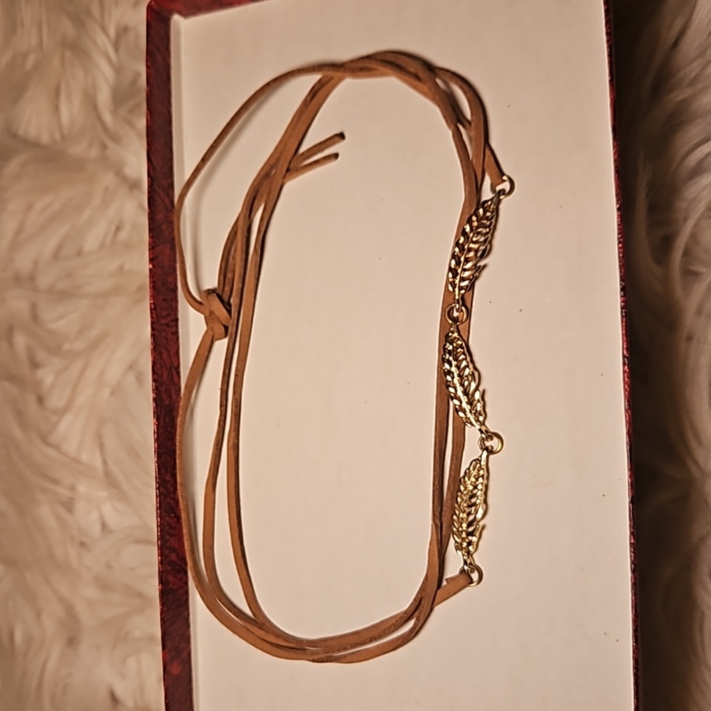 Brown Wrap Necklace with Gold Leaf Charms – 24” Convertible Necklace/Bracelet